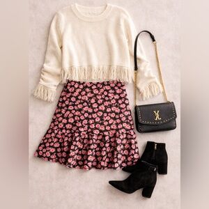 Nasty Gal Black Skirt with Pink Rose Print and Ruffle Hem size 16